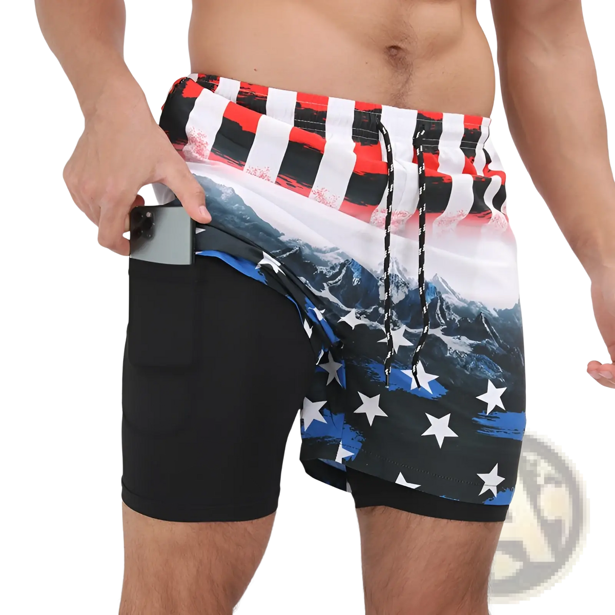 Men printed swim trunks with American flag mountain graphic in red white and blue stretchy fabric for beach sports use