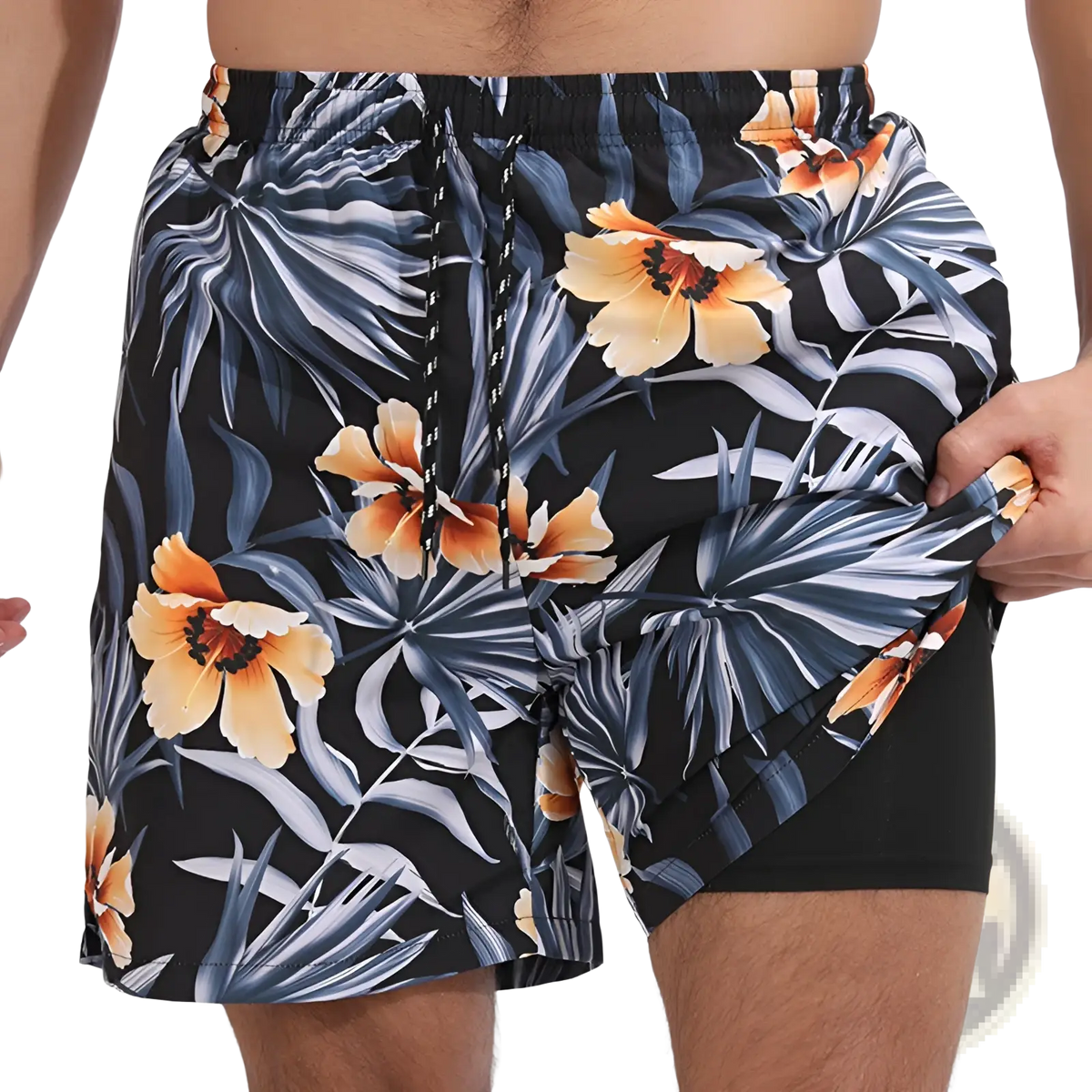 Men printed swim trunks in black featuring a vibrant tropical print with orange flowers and blue-green palm leaves