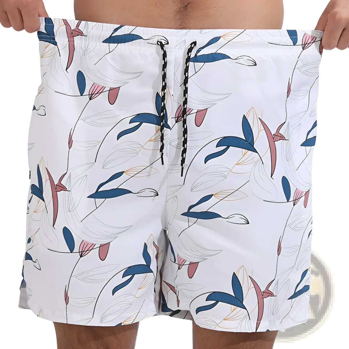 Men printed swim trunks in white with vibrant blue pink and gold floral pattern perfect for sports beach shorts