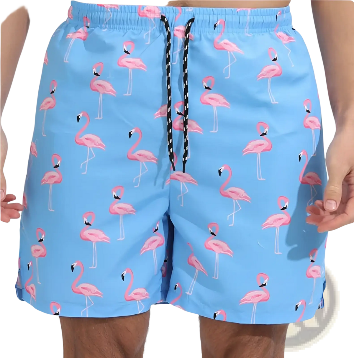 Men printed swim trunks in light blue with a repeating pink flamingo pattern ideal for sports and beachwear