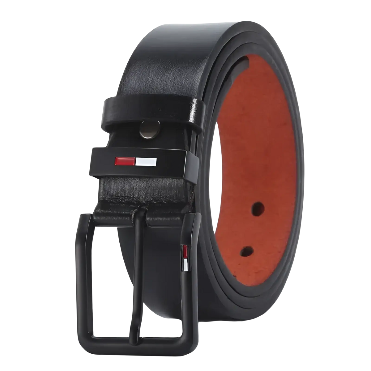 Men pu leather business belt in black with matte finish, orange lining, and black metal buckle featuring Tommy Hilfiger logo