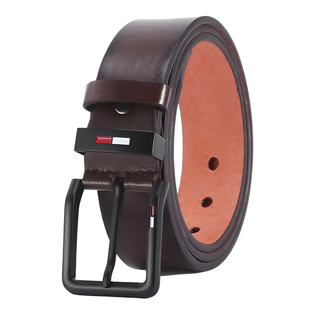 Brown pu leather men business belt with black square buckle featuring tommy hilfiger logo for casual wear