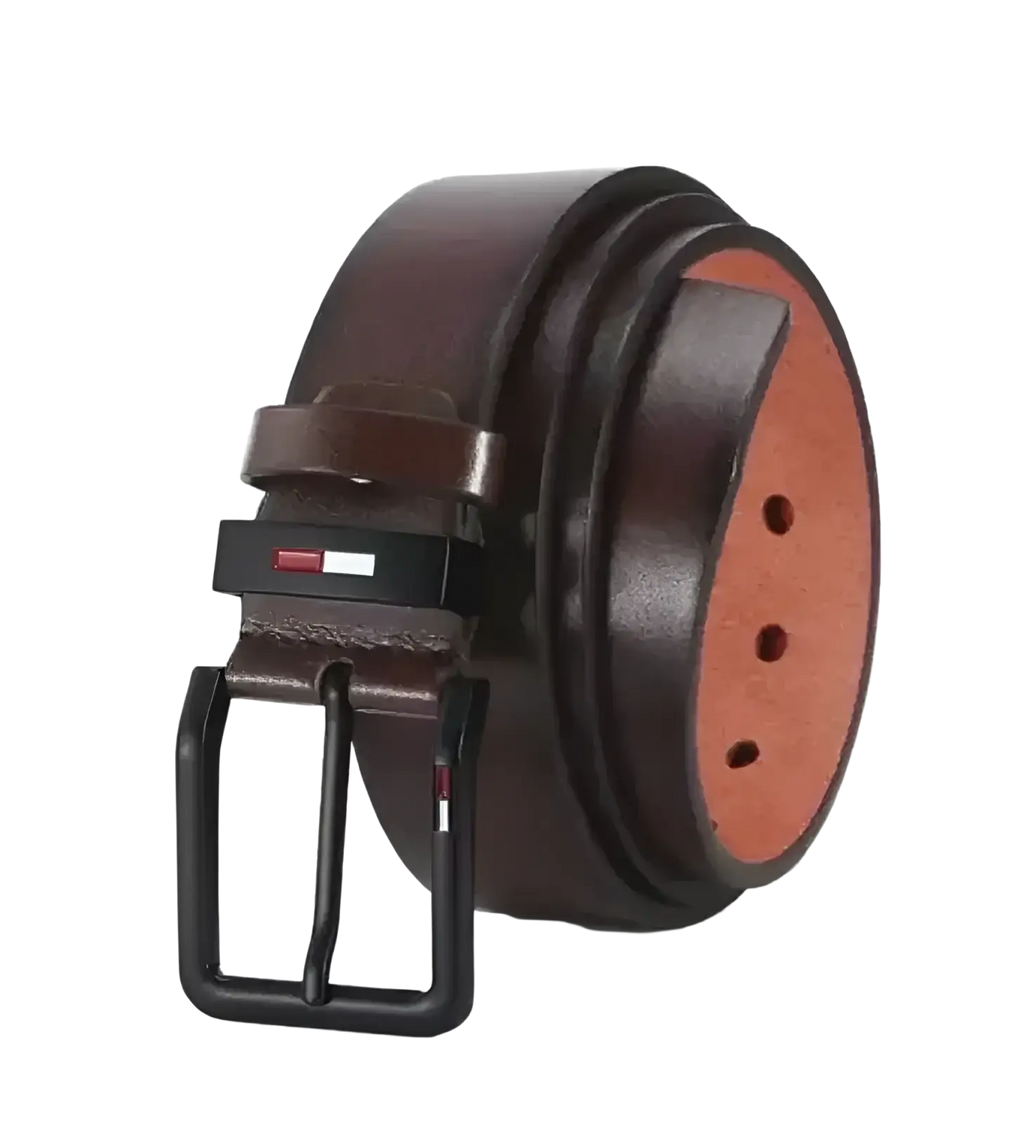 Men pu leather business belt in brown with a black square buckle and Tommy Hilfiger logo on the keeper