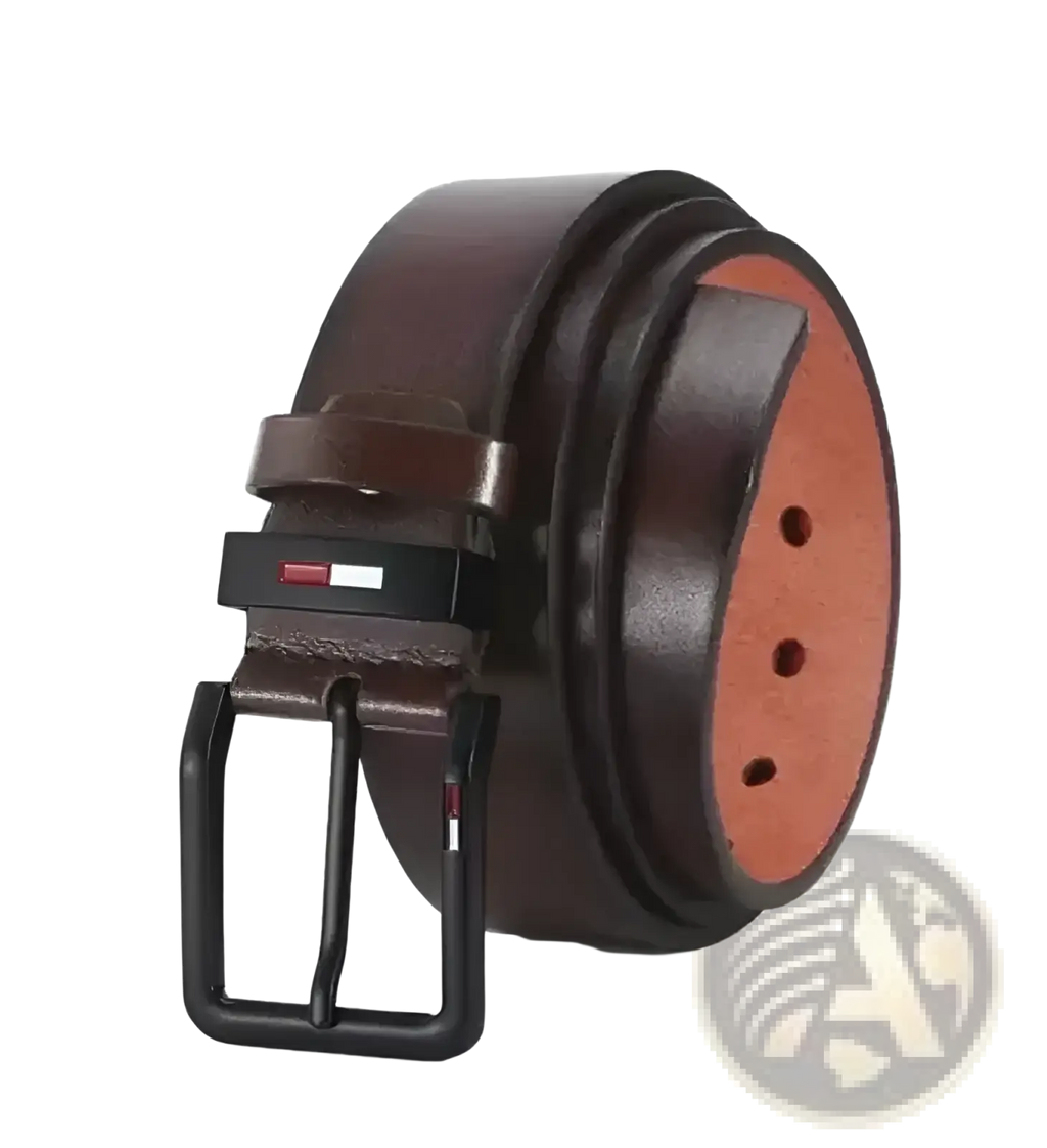Men pu leather business belt in brown with a black square buckle and Tommy Hilfiger logo on the keeper