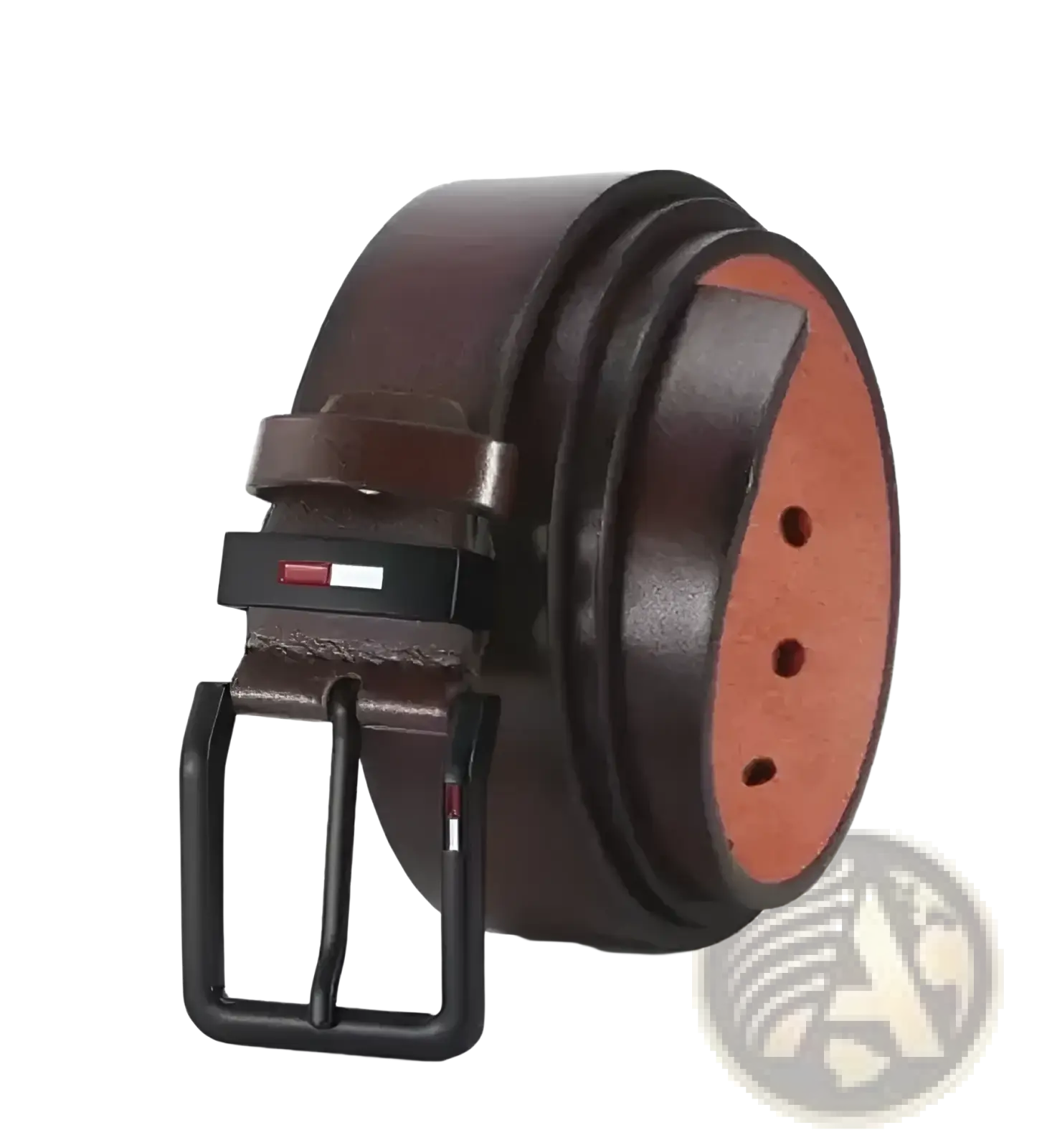 Men pu leather business belt in brown with a black square buckle and Tommy Hilfiger logo on the keeper