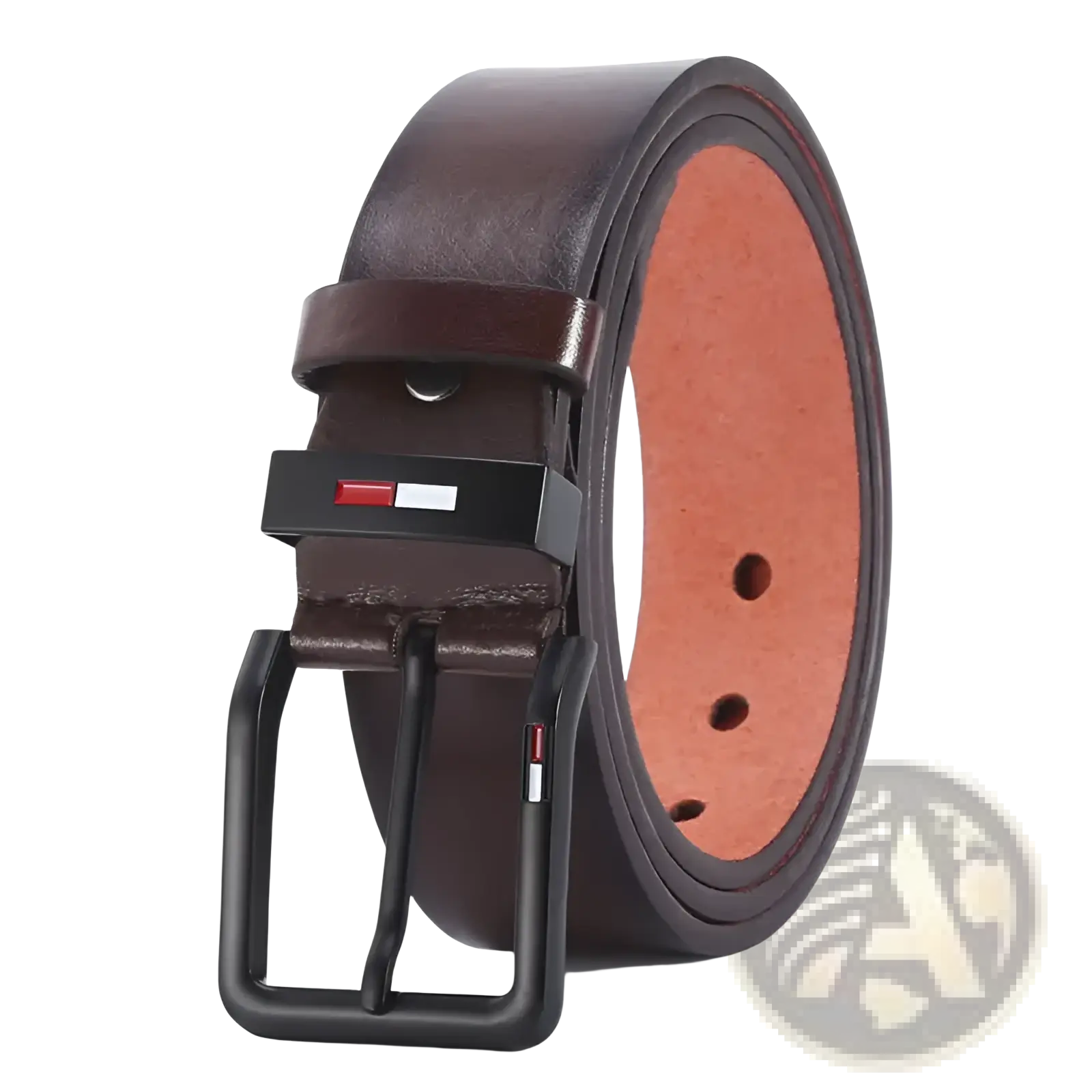 Brown pu leather men business belt with black square buckle featuring tommy hilfiger logo for casual wear