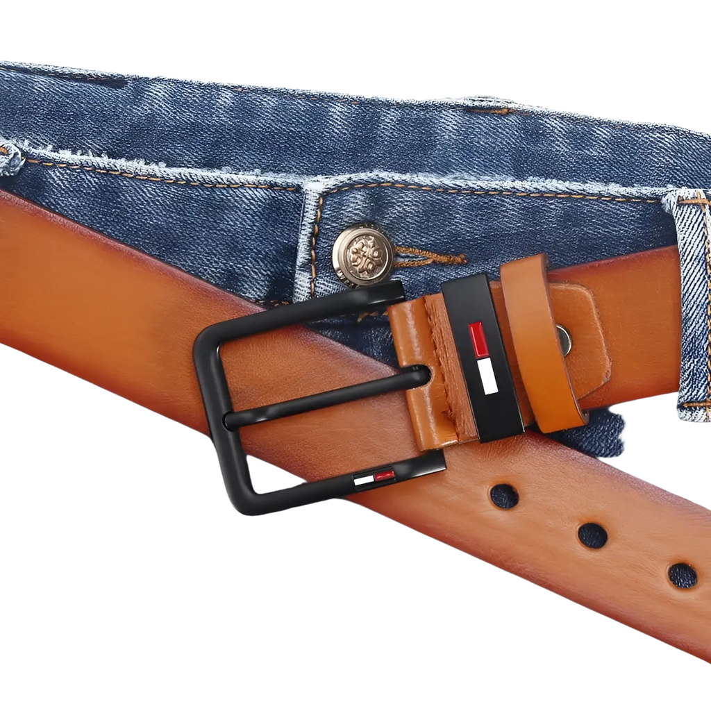 Men pu leather business belt tan with a black square buckle featuring the Tommy Hilfiger logo for casual wear