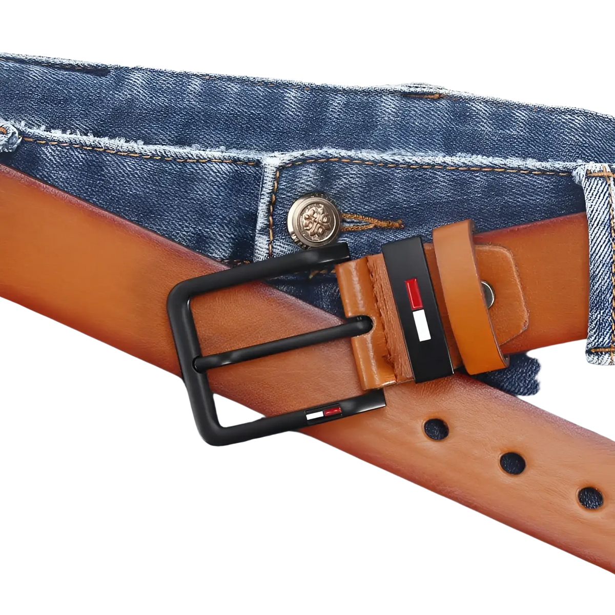 Men pu leather business belt tan with a black square buckle featuring the Tommy Hilfiger logo for casual wear