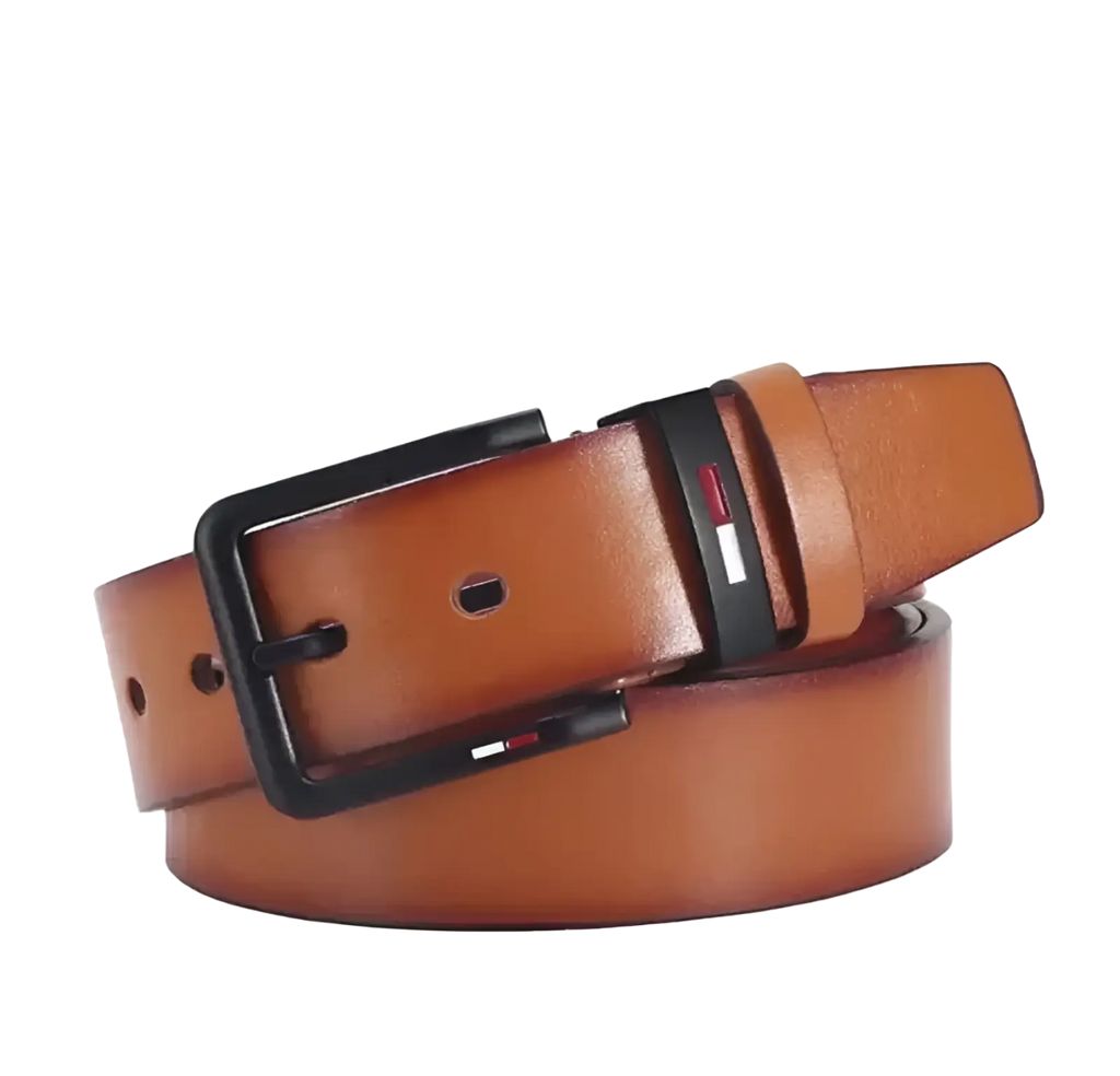 Men pu leather business belt in tan with black square buckle featuring red white and blue Tommy Hilfiger logo