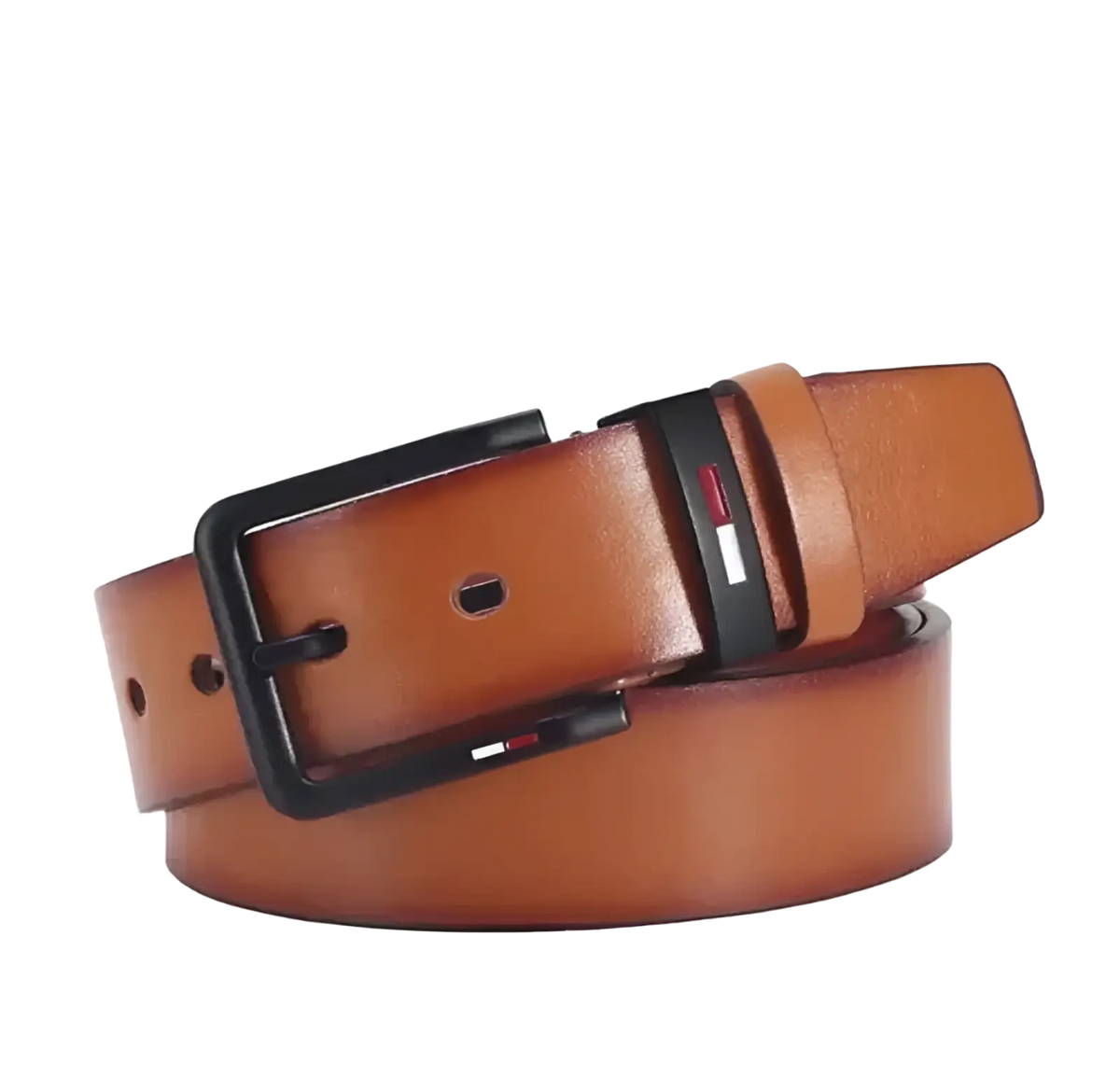 Men pu leather business belt in tan with black square buckle featuring red white and blue Tommy Hilfiger logo