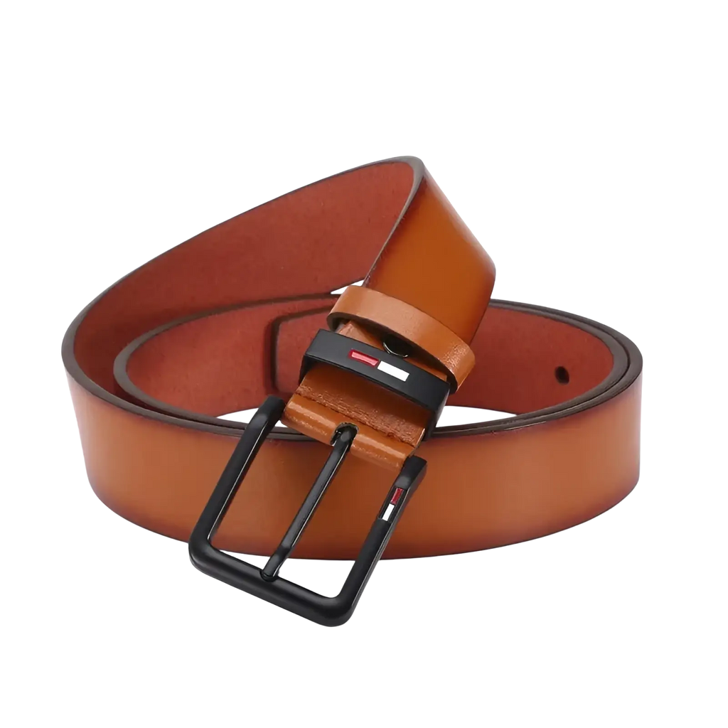 Men pu leather business belt in tan with a black metal square buckle featuring the Tommy Hilfiger logo