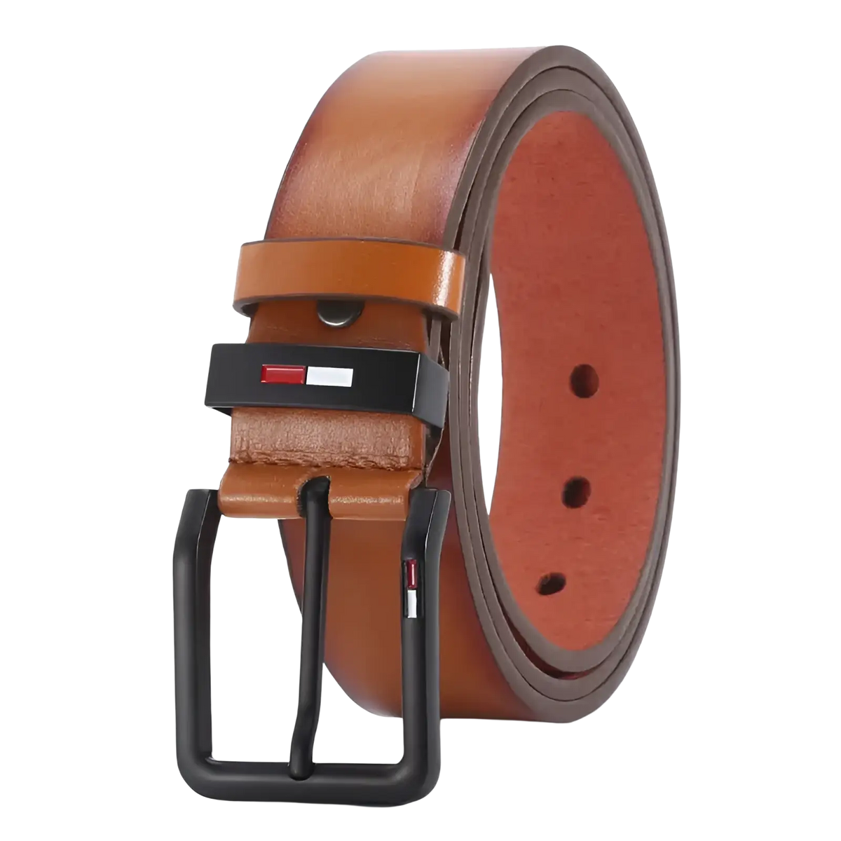 Men PU leather tan business belt with black square buckle featuring the Tommy Hilfiger logo for casual wear
