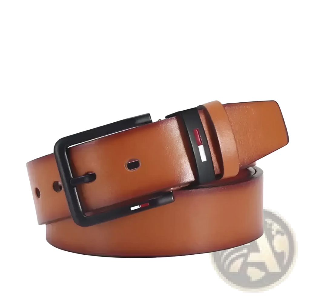 Men pu leather business belt in tan with black square buckle featuring red white and blue Tommy Hilfiger logo