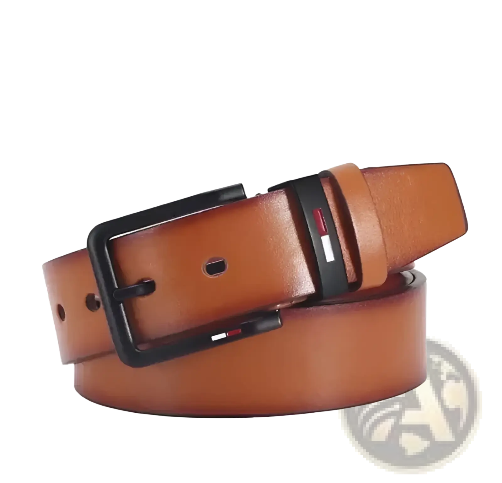 Men pu leather business belt in tan with black square buckle featuring red white and blue Tommy Hilfiger logo
