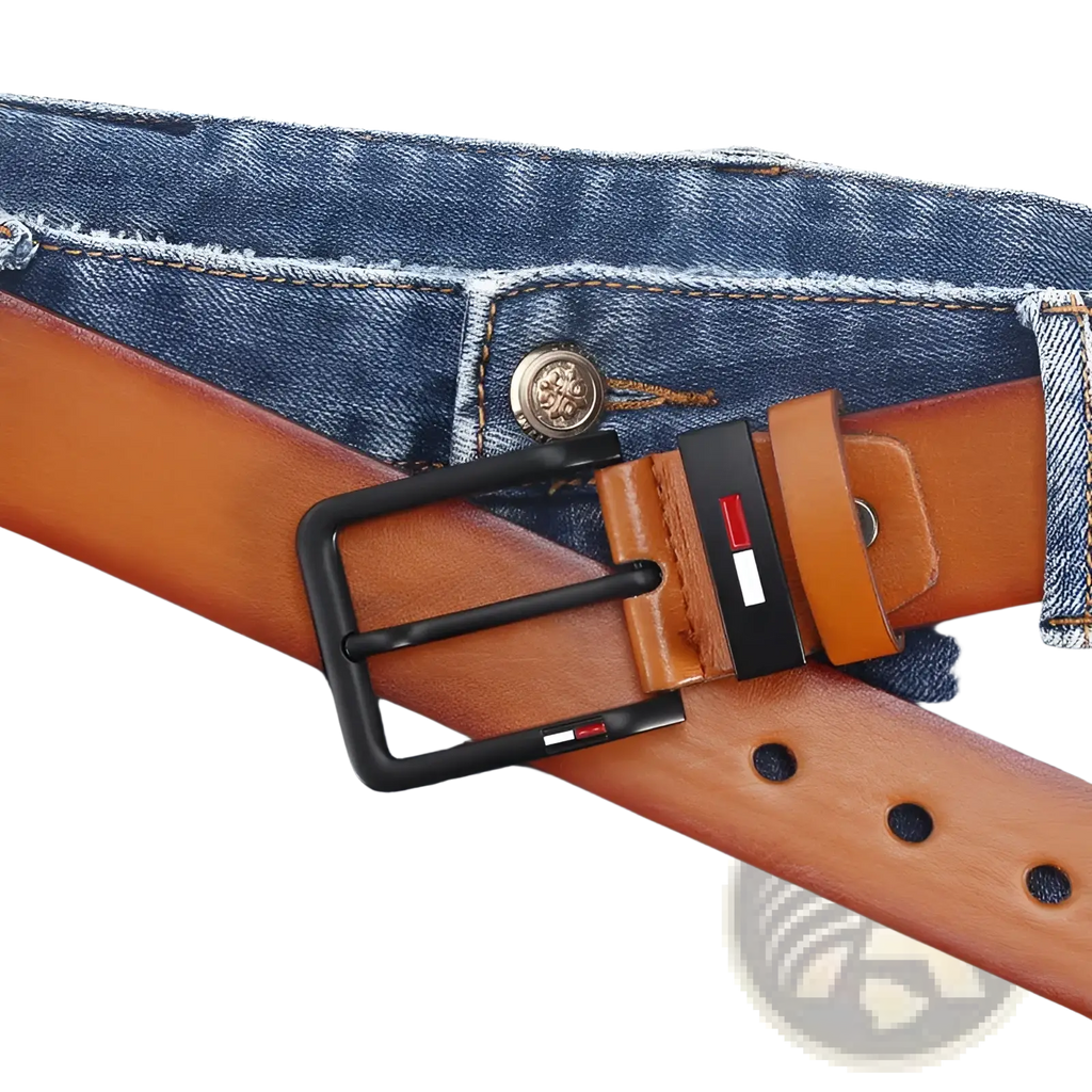 Men pu leather business belt tan with a black square buckle featuring the Tommy Hilfiger logo for casual wear