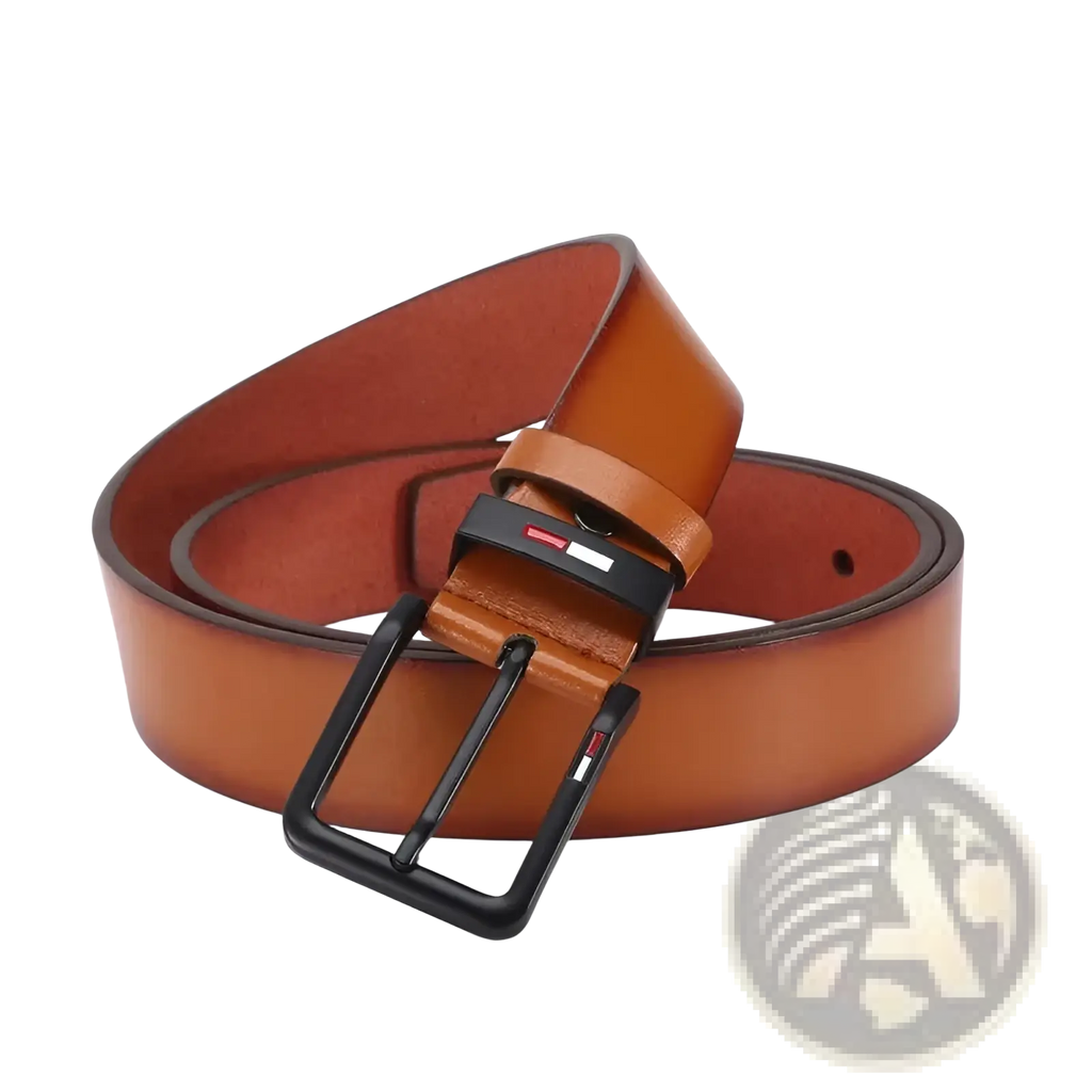 Men pu leather business belt in tan with a black metal square buckle featuring the Tommy Hilfiger logo