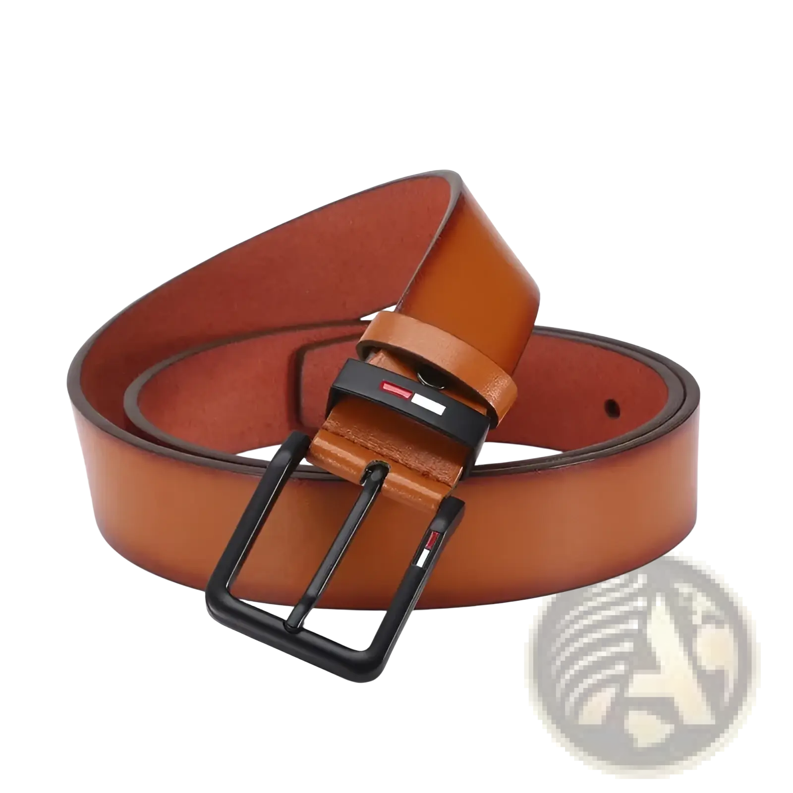 Men pu leather business belt in tan with a black metal square buckle featuring the Tommy Hilfiger logo