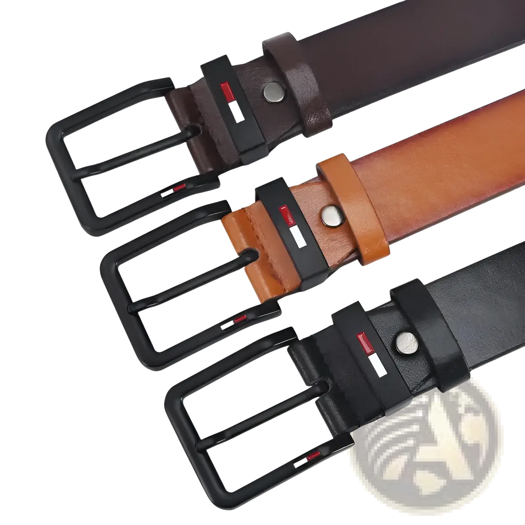 Three tommy hilfiger men pu leather business belts in brown tan and black with square black buckles and logo detail