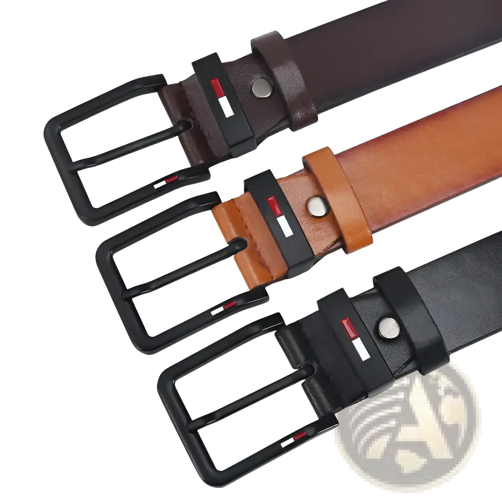 Three tommy hilfiger men pu leather business belts in brown tan and black with square black buckles and logo detail