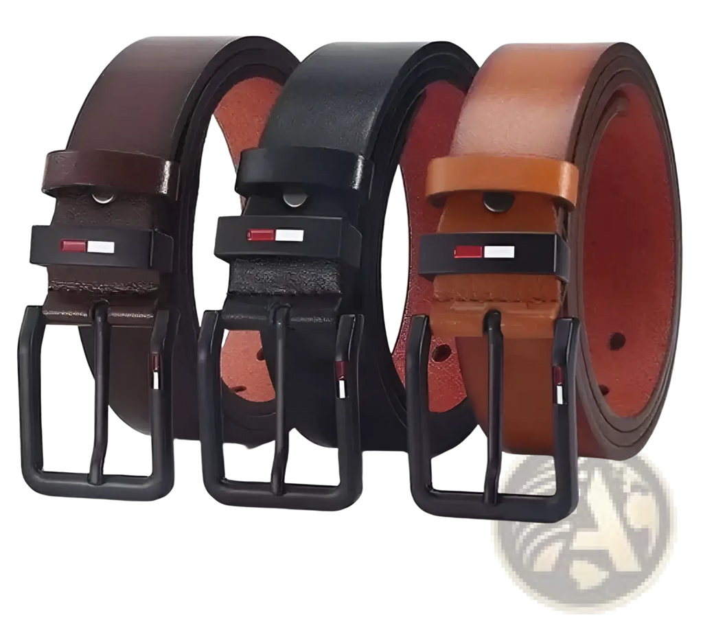 Three tommy hilfiger men pu leather business belts in brown black and tan with casual square black buckles