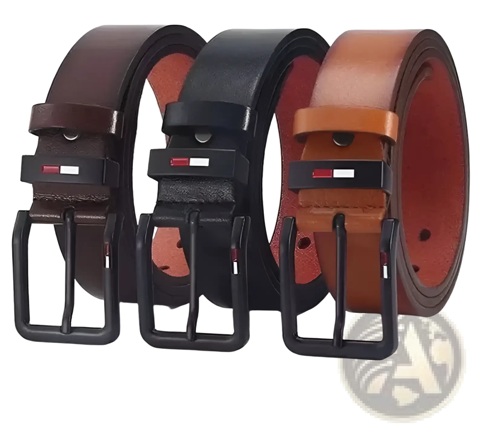 Three tommy hilfiger men pu leather business belts in brown black and tan with casual square black buckles