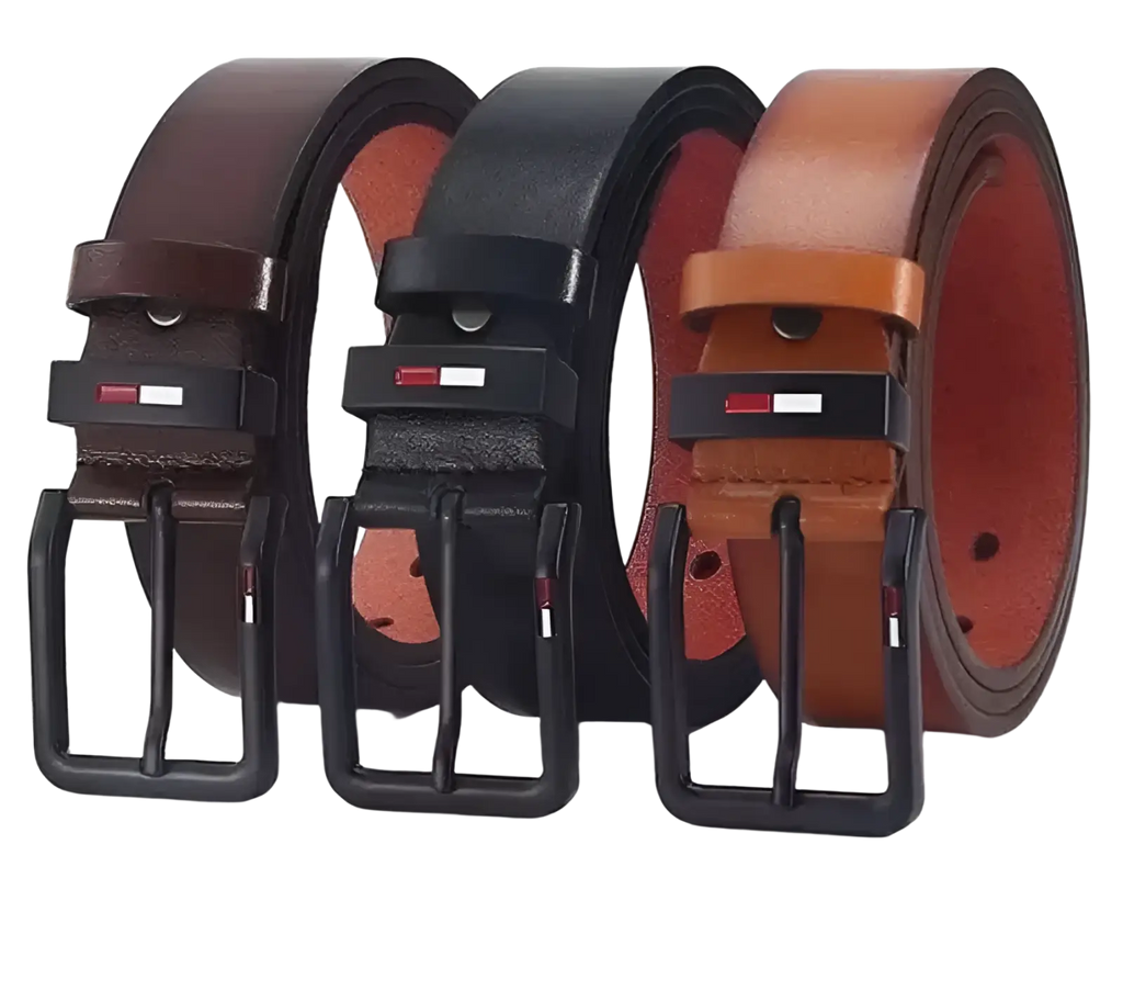 Three tommy hilfiger men pu leather business belts in brown black and tan with casual square black buckles
