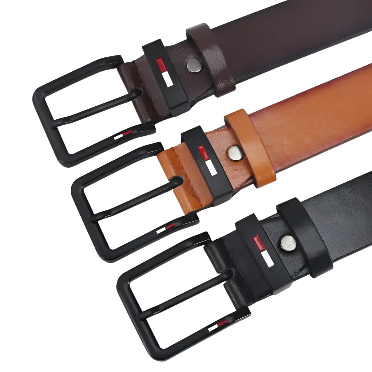 Three tommy hilfiger men pu leather business belts in brown tan and black with square black buckles and logo detail