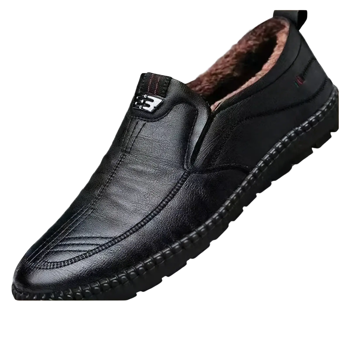 Men pu leather casual slip on walking loafers in black with plush brown lining and textured rubber sole for winter use