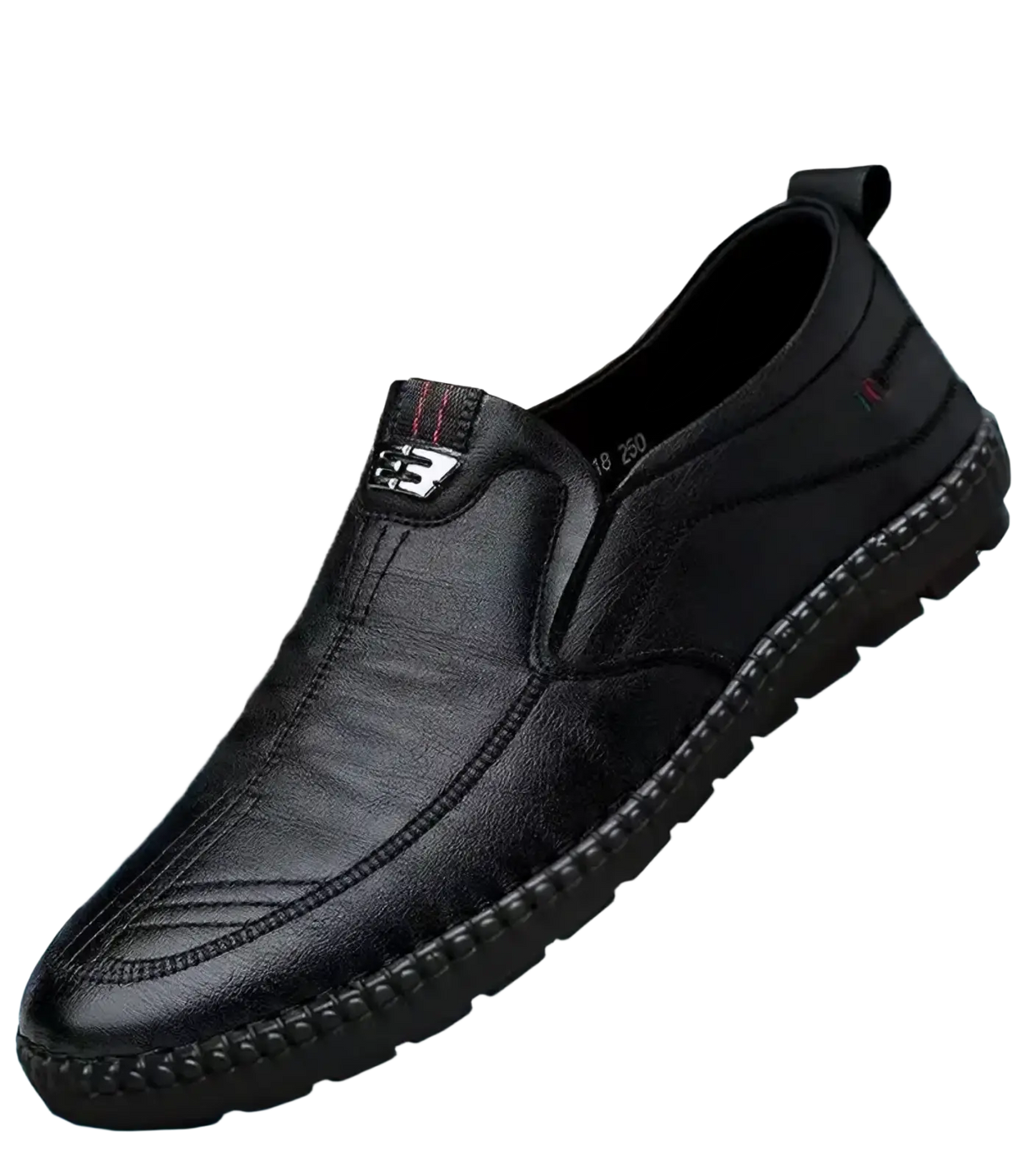 Black leather men pu leather casual slip on walking loafer with stitched detailing and textured rubber sole