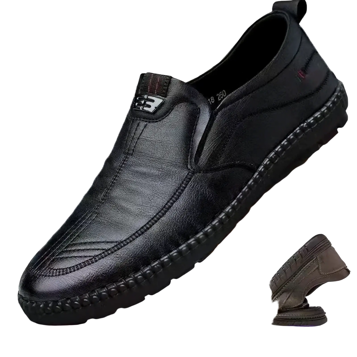 Black leather slip-on shoe with stitched detailing and textured sole for men casual walking loafers