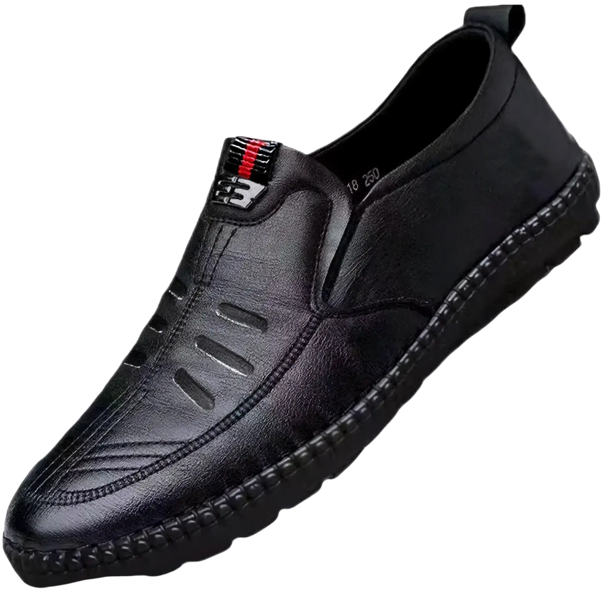 Black leather slip-on men pu leather casual walking loafers with red and black logo on the tongue