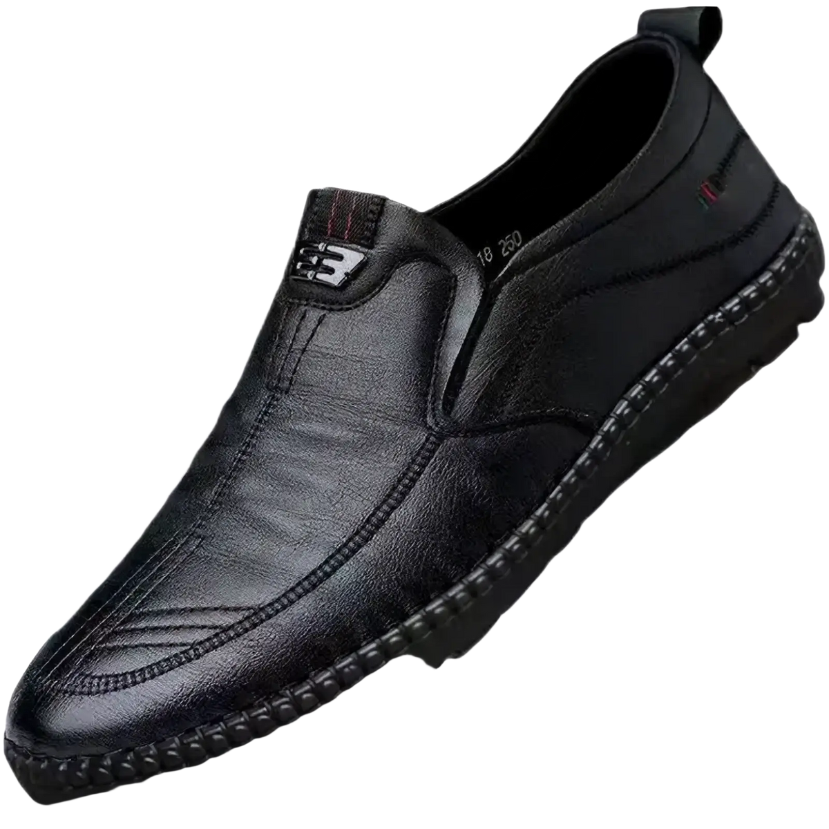 Black pu leather men’s casual slip-on walking loafer with stitched design and small logo on the side