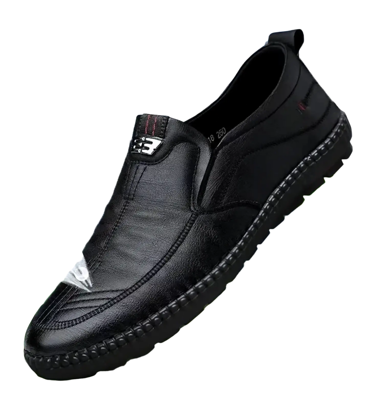 Black leather slip-on shoe with textured rubber sole and stitched detailing for men casual walking loafers