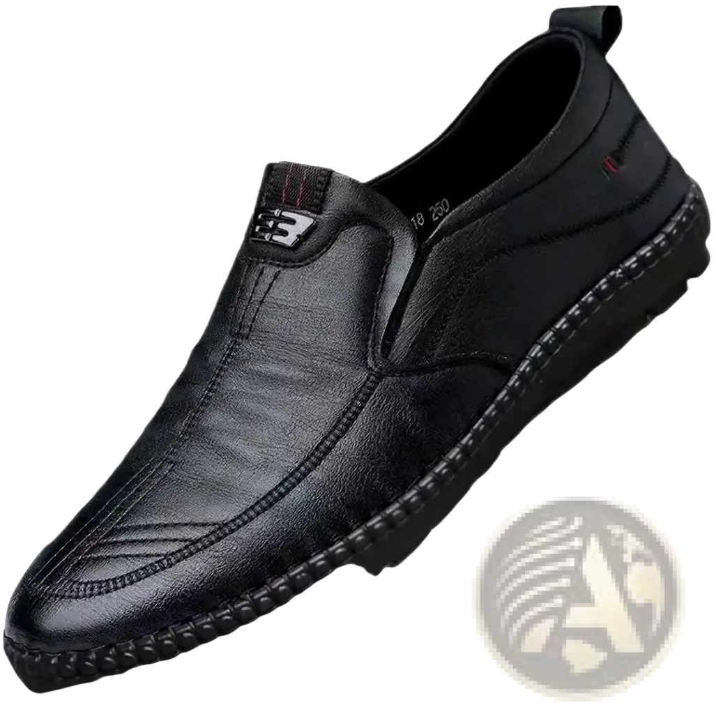 Black pu leather men’s casual slip-on walking loafer with stitched design and small logo on the side
