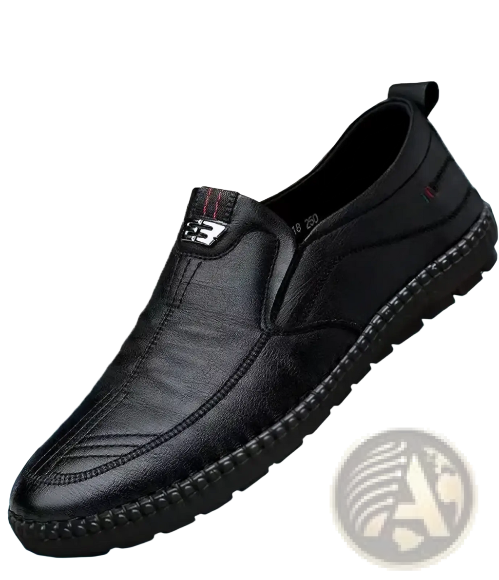 Black leather men pu leather casual slip on walking loafer with stitched detailing and textured rubber sole