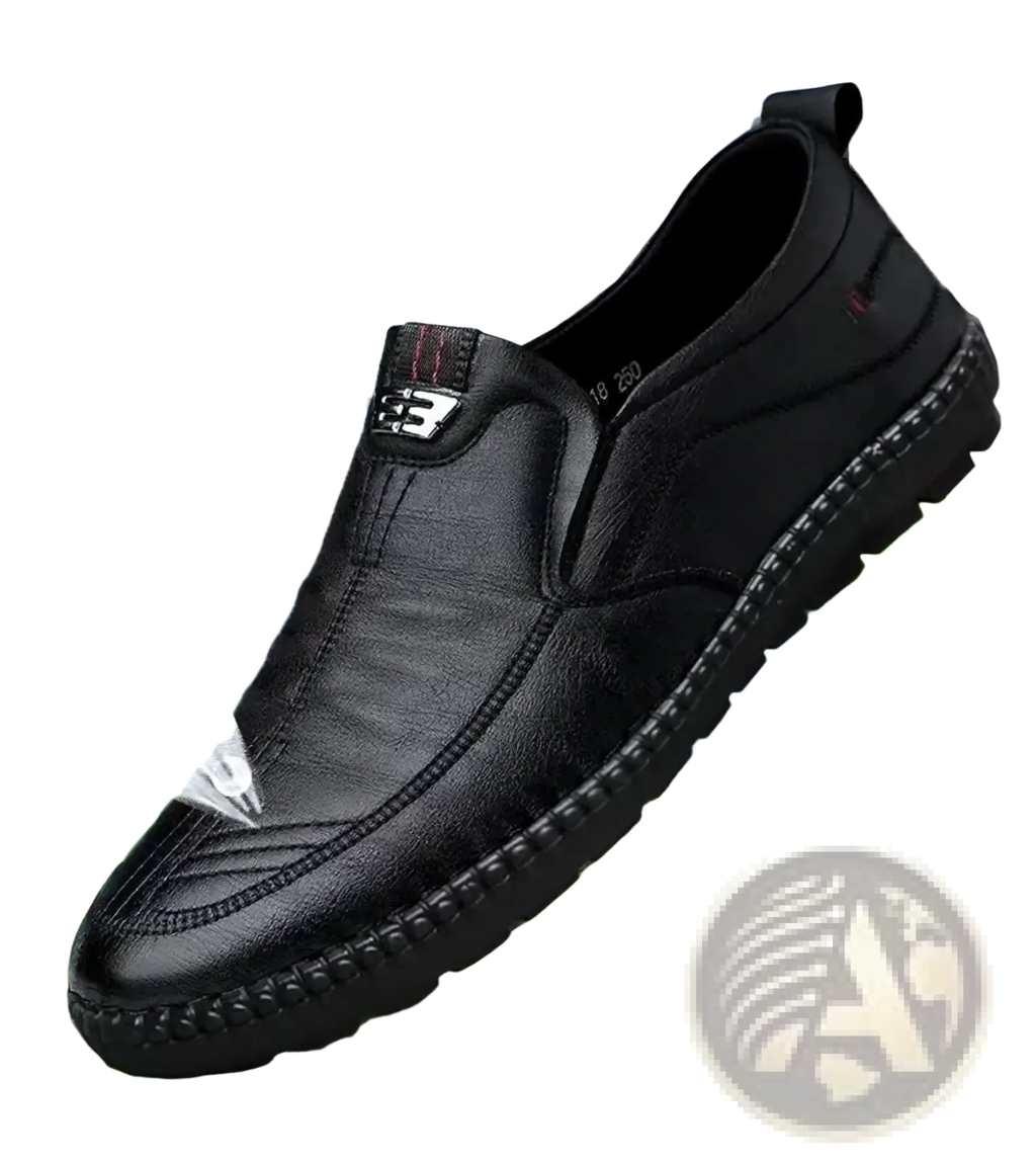 Black leather slip-on shoe with textured rubber sole and stitched detailing for men casual walking loafers