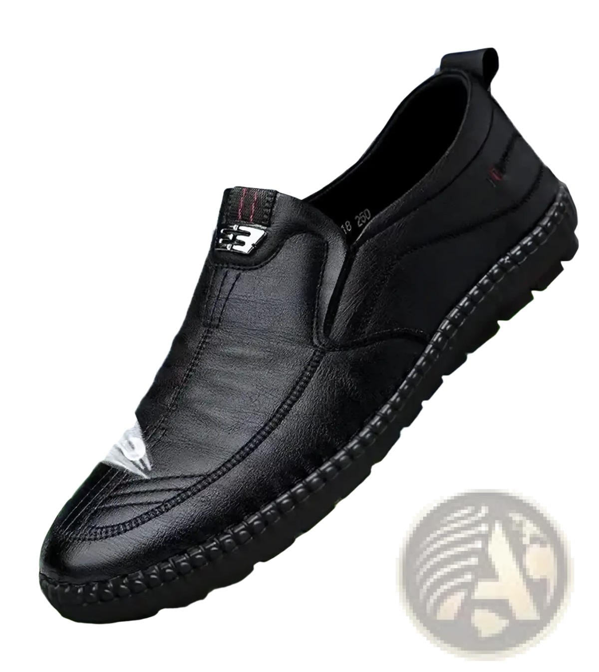 Black leather slip-on shoe with textured rubber sole and stitched detailing for men casual walking loafers