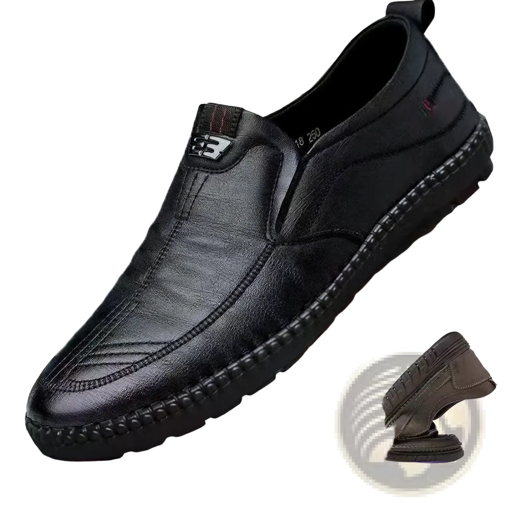 Black leather slip-on shoe with stitched detailing and textured sole for men casual walking loafers