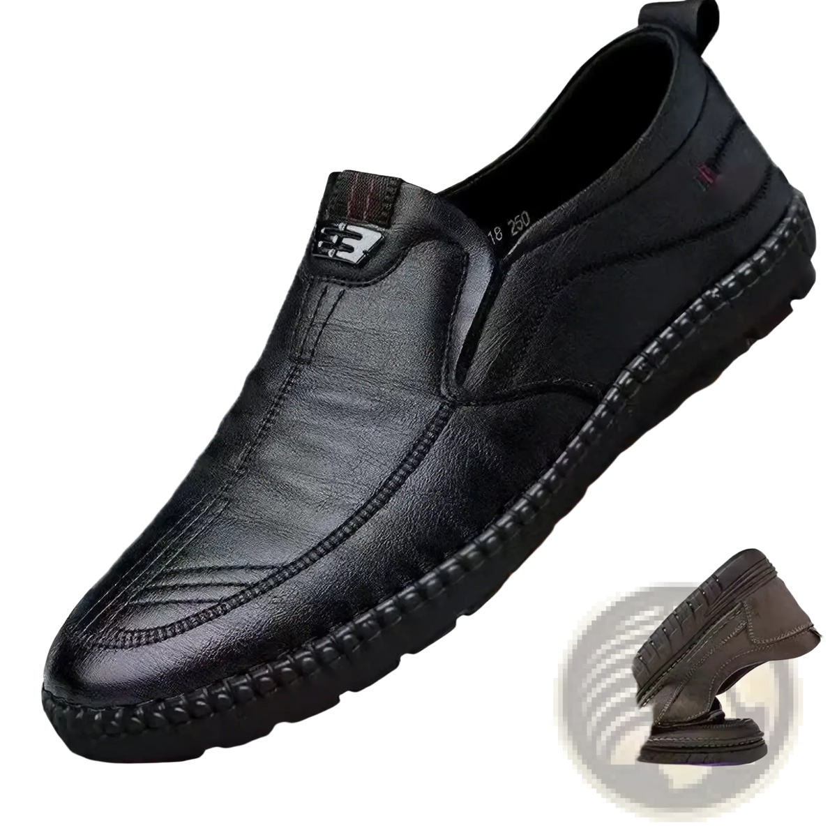 Black leather slip-on shoe with stitched detailing and textured sole for men casual walking loafers