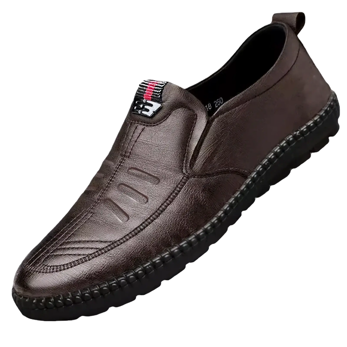 Brown leather slip-on men casual loafers with black rubber sole and stitched detailing for walking