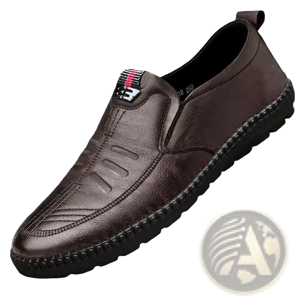 Brown leather slip-on men casual loafers with black rubber sole and stitched detailing for walking