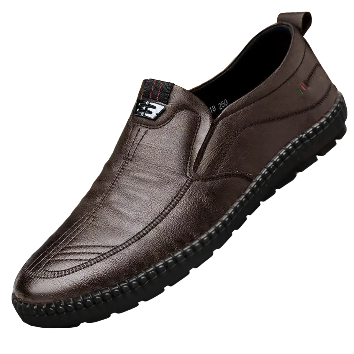 Men pu leather casual slip on walking loafers in brown with black rubber sole and stitched detailing