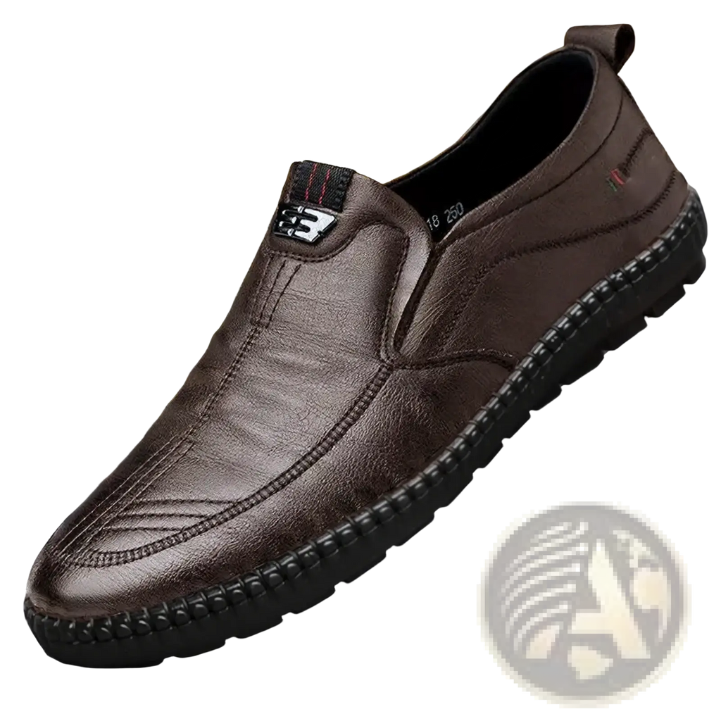 Men pu leather casual slip on walking loafers in brown with black rubber sole and stitched detailing