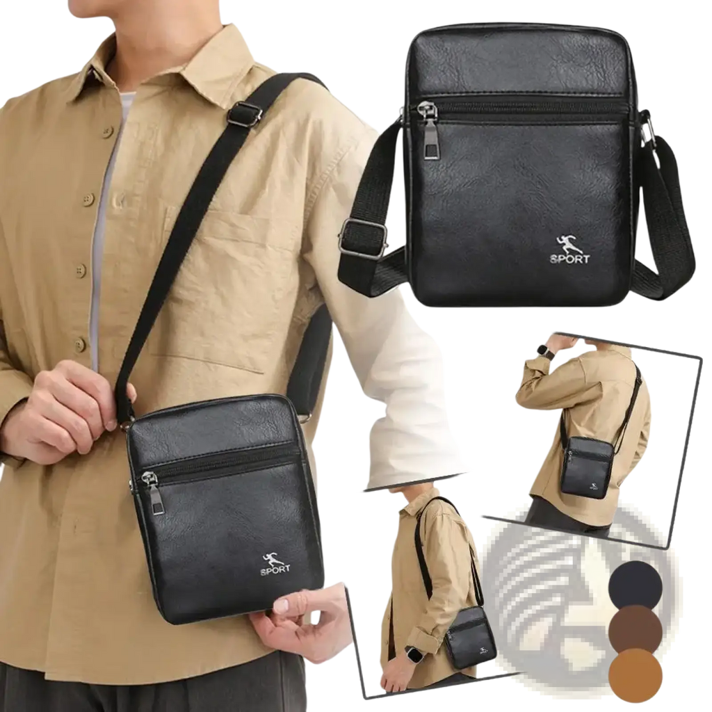 Black pu leather men crossbody messenger bag with sport logo and silver toned zipper pulls ideal for daily use