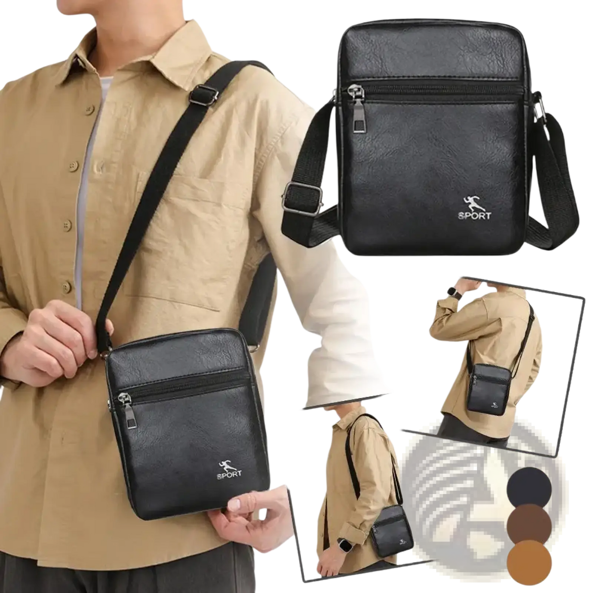 Black pu leather men crossbody messenger bag with sport logo and silver toned zipper pulls ideal for daily use