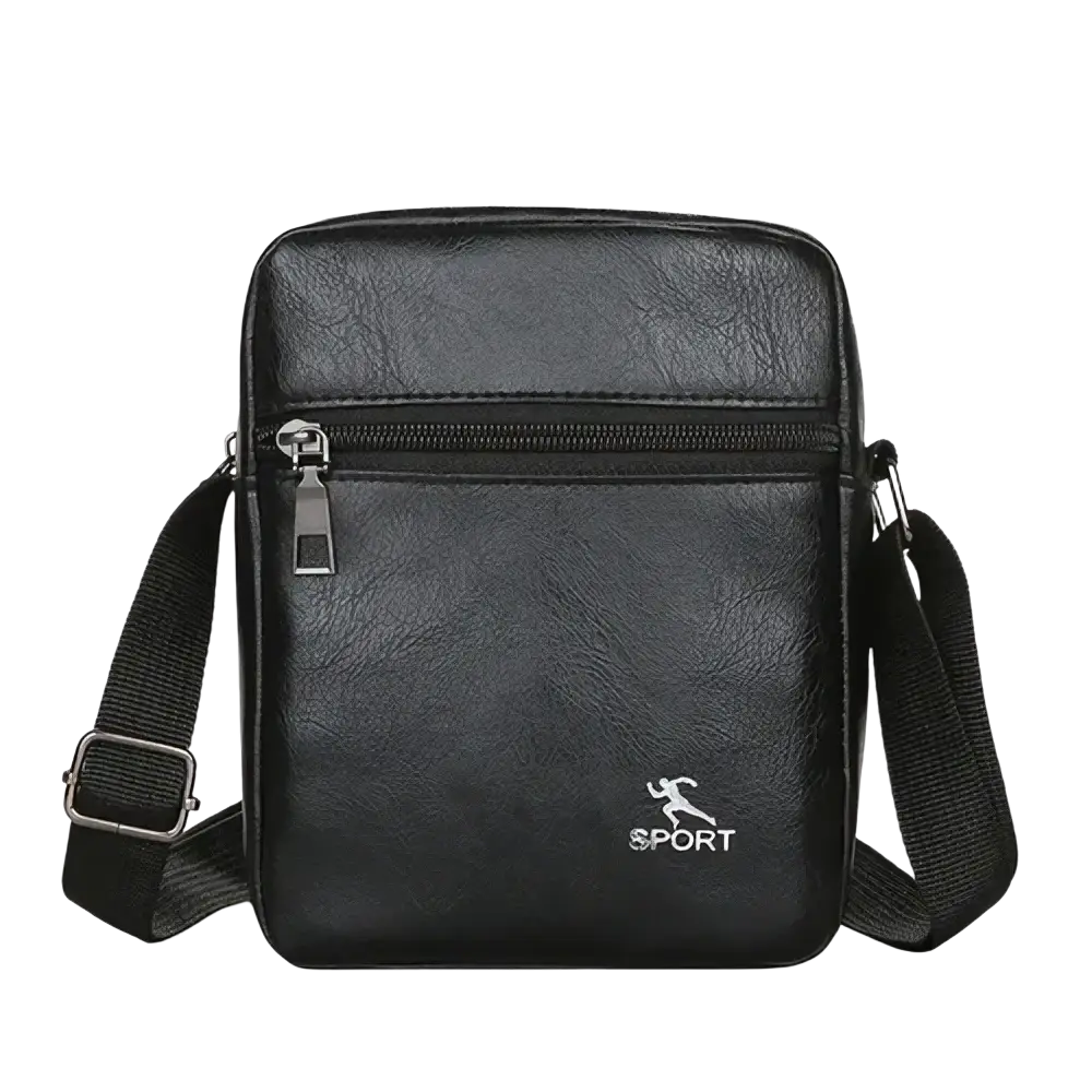 Men pu leather crossbody messenger bag in black faux leather with silver zipper and adjustable strap