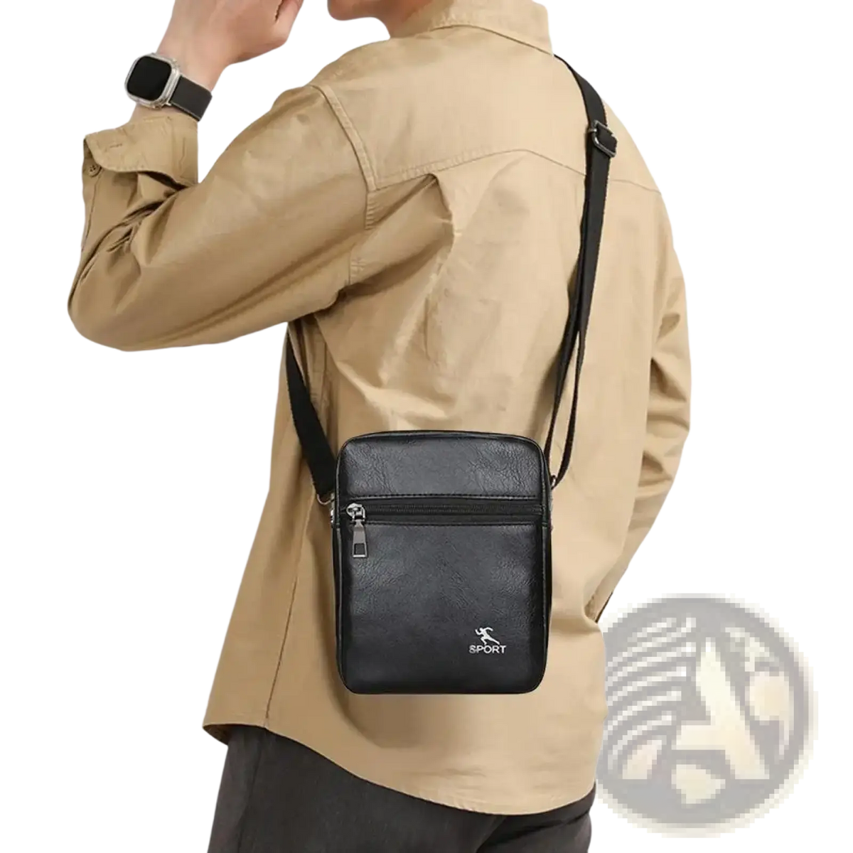 Men pu leather crossbody messenger bag in black with textured surface, silver zipper, and small white sport logo