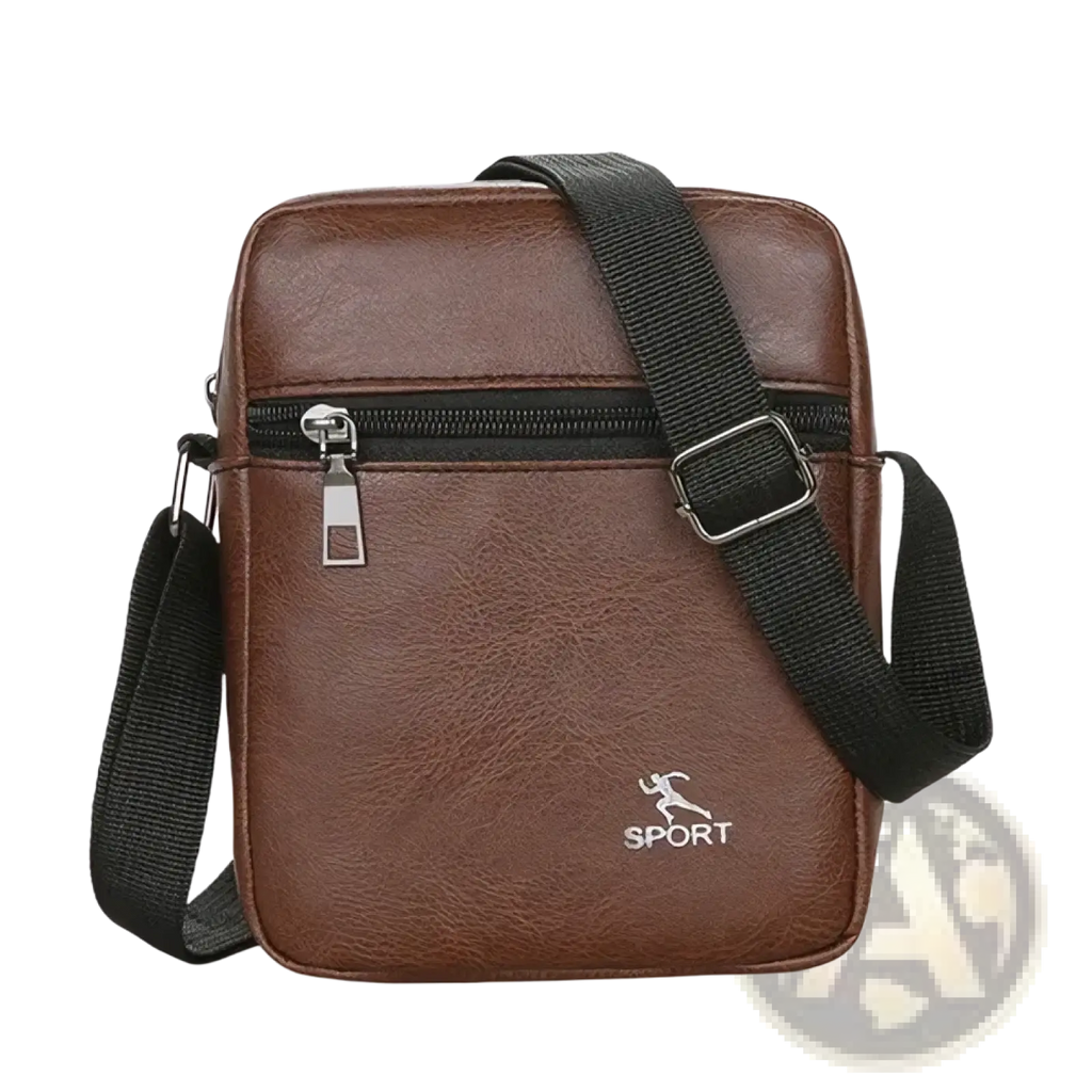 Men pu leather crossbody messenger bag in brown with black adjustable strap and silver zipper pull