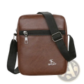 Men pu leather crossbody messenger bag in brown with black adjustable strap and silver zipper pull