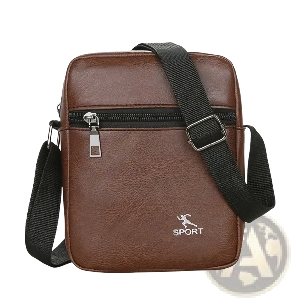 Men pu leather crossbody messenger bag in brown with black adjustable strap and silver zipper pull